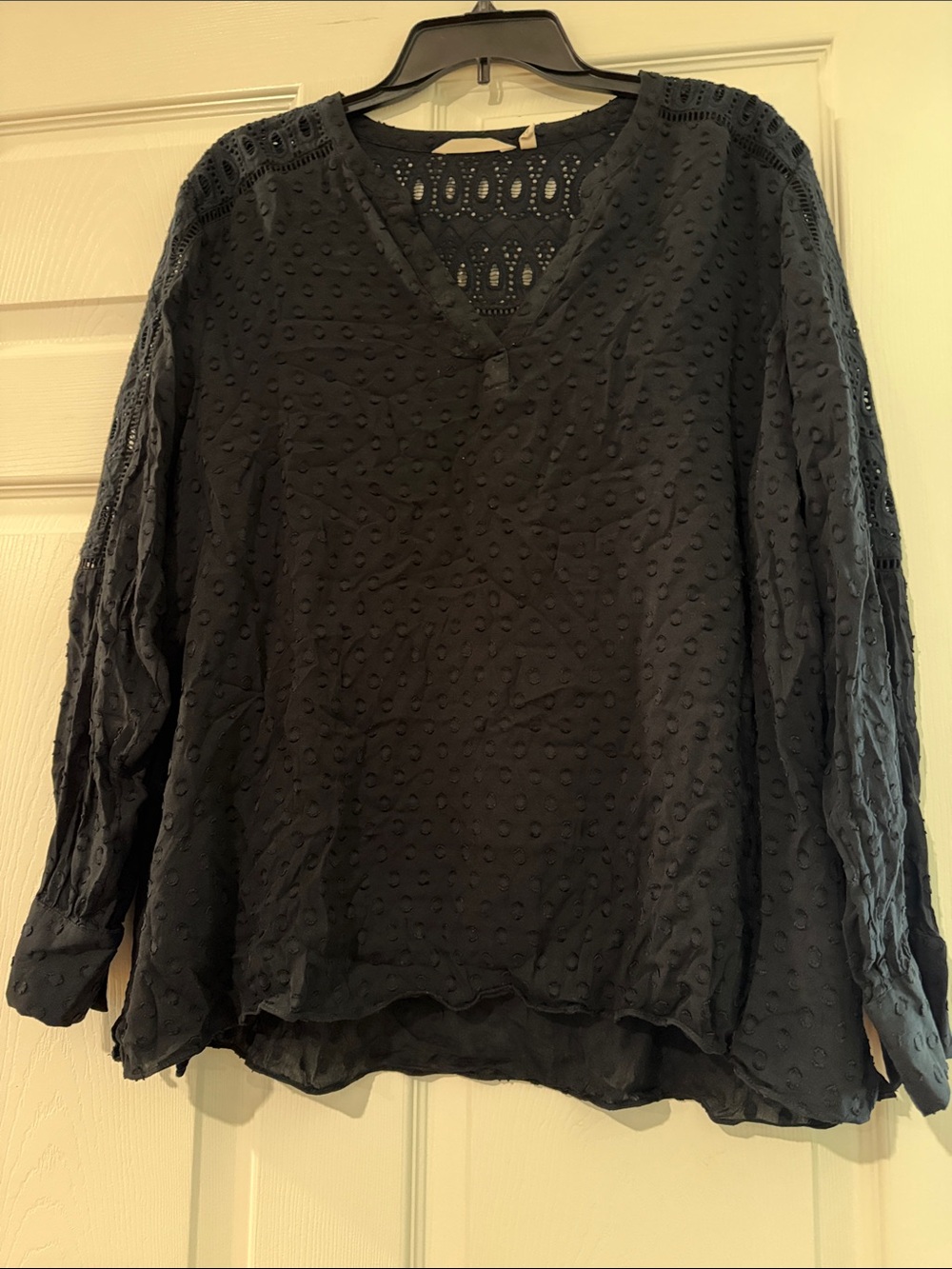Soft Surroundings Black Textured V-Neck Blouse with Lace Insets